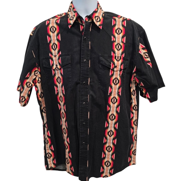 Vtg Wrangler Western Shirt Sz L Black Red Aztec Snaps Rodeo - Picture 1 of 9